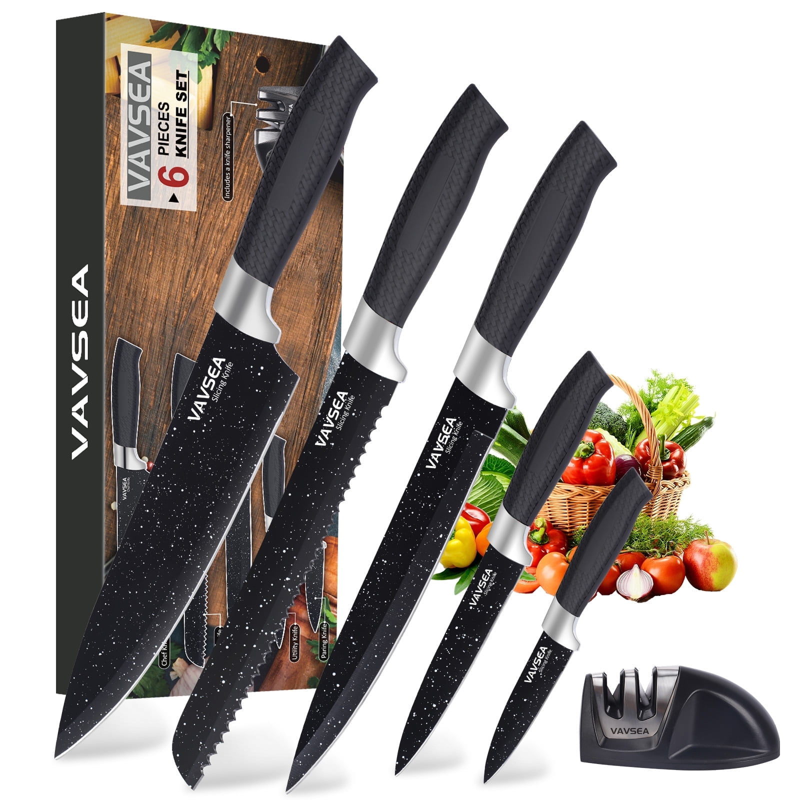 VAVSEA Kitchen Knife Set with Sharpener, 6Pcs Stainless Steel Chef Knife Set with Non-stick Coating, Ultra Sharp, Dishwasher Safe, Black - Walmart.com