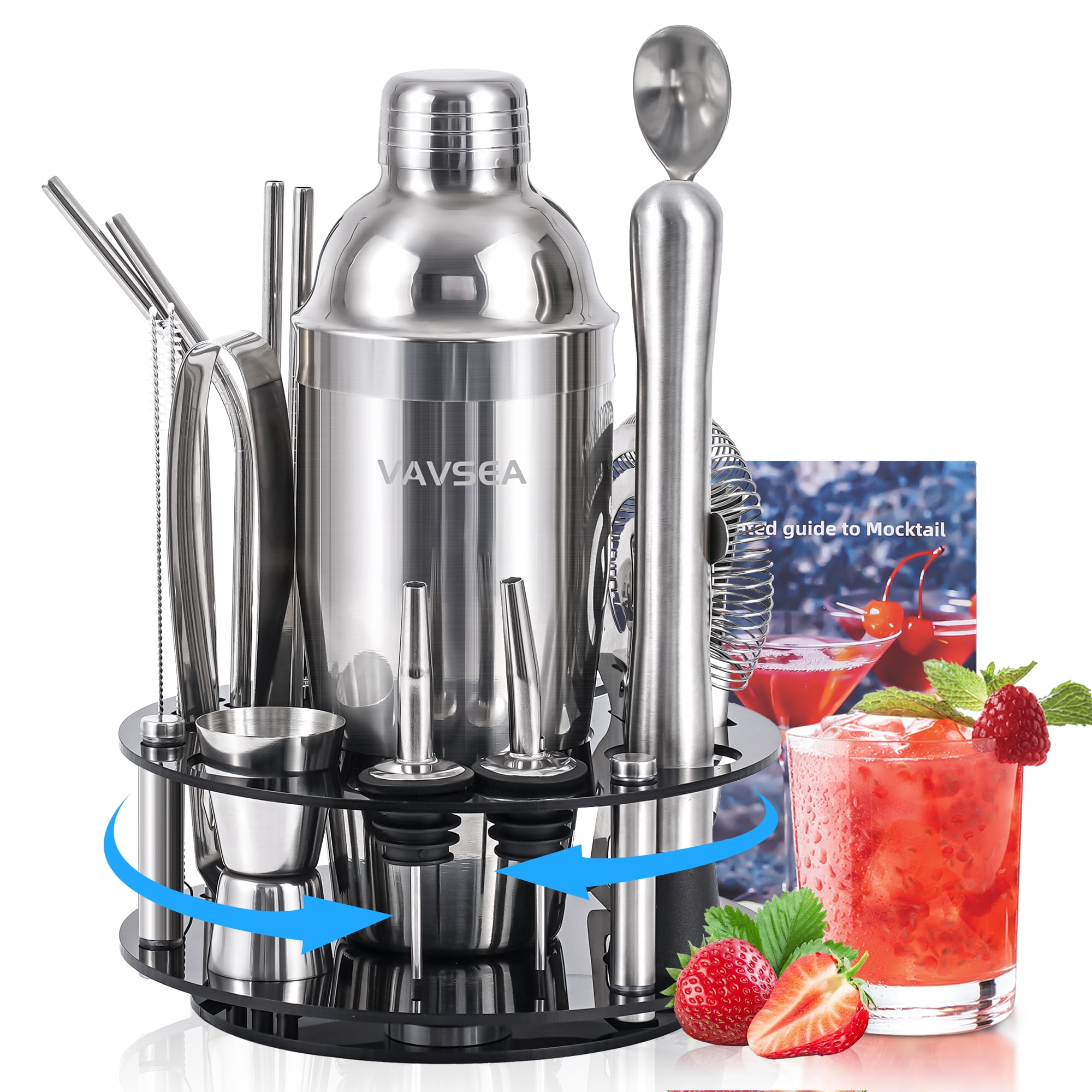 VAVSEA Cocktail Shaker Set with Rotatable Stand, Mixology Bartender Kit Bar Tool Set for Drink Mixing Home Lounge Party Bar Accessories with Straws & Spoon, Silver, 19pcs