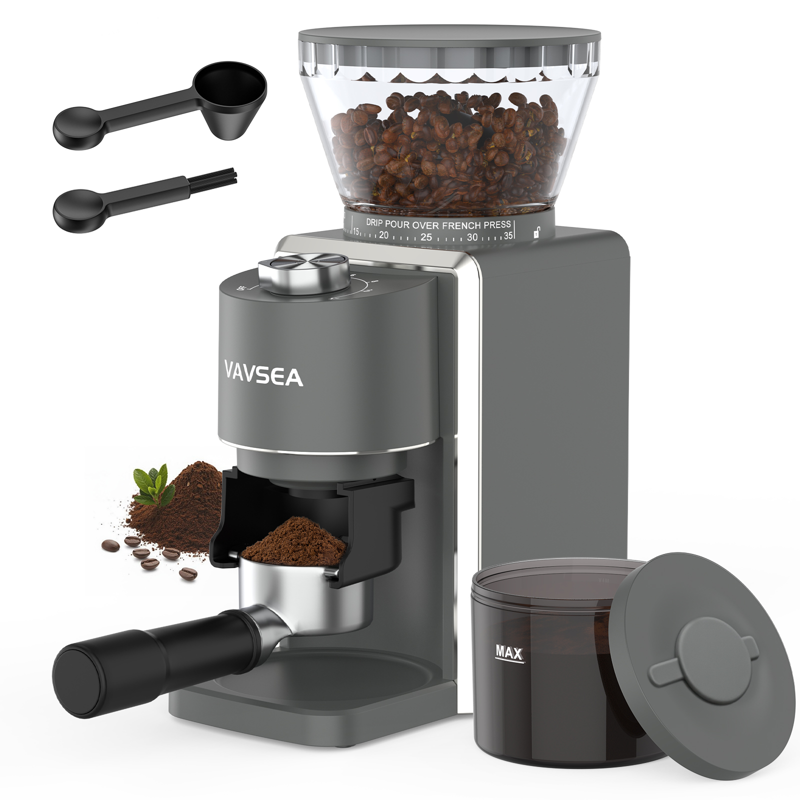 VAVSEA Conical Burr Coffee Grinder 35 Grind Settings, Electric Bean Coffee Grinder for Espresso, Drip, Pour over, Cold Brew, French Press, Matte Gray