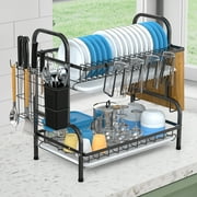 VAVSEA Dish Drying Rack, 2-Tier Waterproof and Rust-Resistant Compact Drainboard Set, Large Kitchen Dish Rack with Cup Holder, with Removable Utensil Rack and Cutting Board Rack, Black