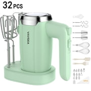 VAVSEA Electric Hand Mixer with 32 Attachments, Includes 2 Whisk, 2 Dough Hooks, 2 Beater, Cake Decorating, 500W Handheld Mixer for kitchen, Baking, Blending, Green
