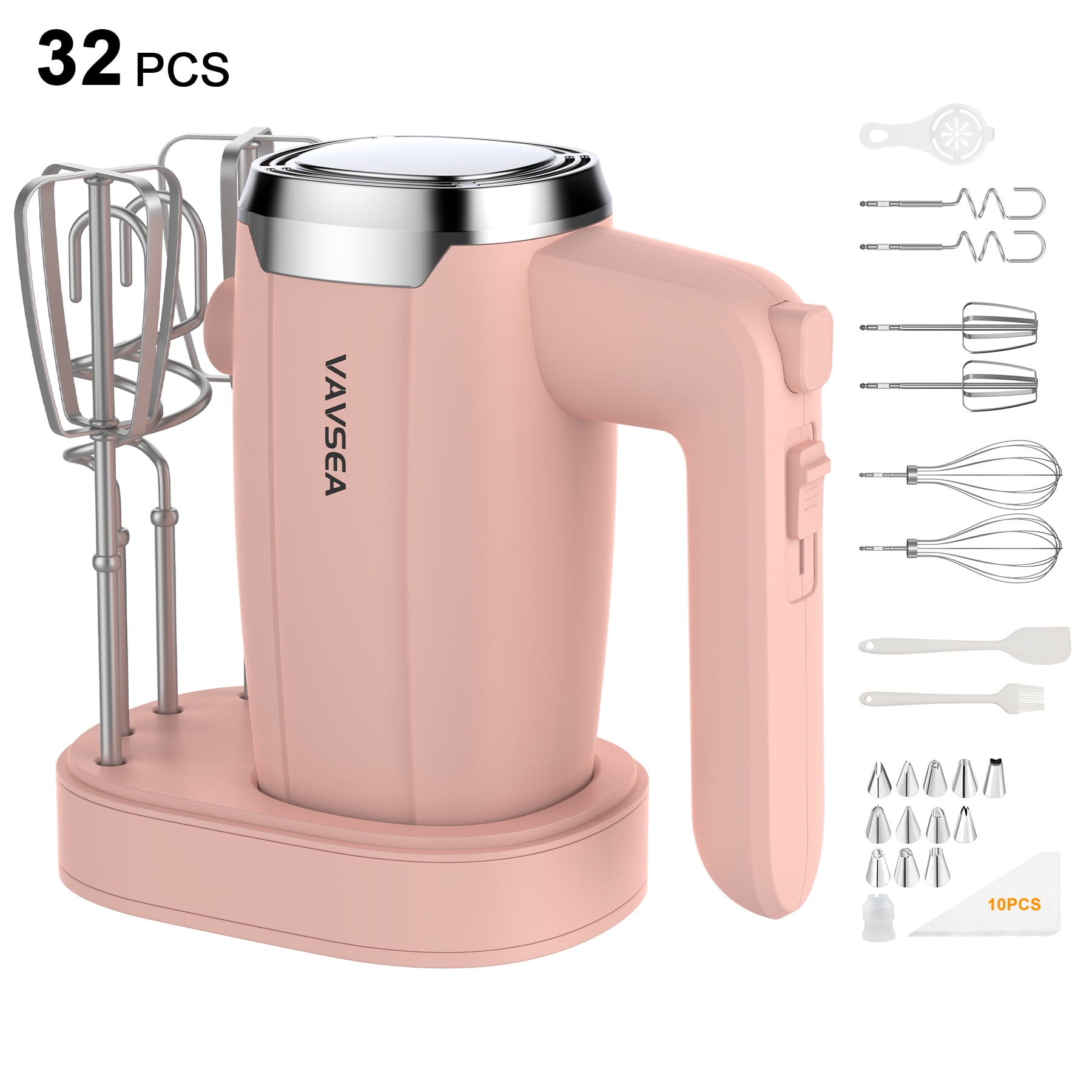 VAVSEA Electric Hand Mixer with 32 Attachments, Includes 2 Whisk, 2 Dough Hooks, 2 Beater, Cake Decorating, 500W Handheld Mixer for kitchen, Baking, Blending, Pink