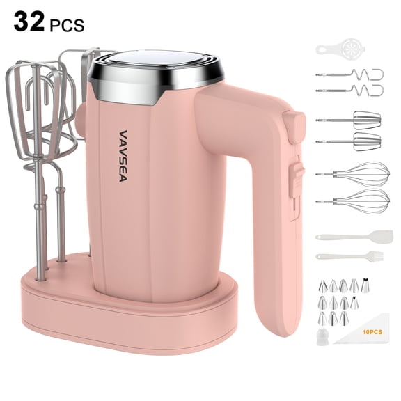 VAVSEA Electric Hand Mixer with 32 Attachments, Includes 2 Whisk, 2 Dough Hooks, 2 Beater, Cake Decorating, 500W Handheld Mixer for kitchen, Baking, Blending, Pink