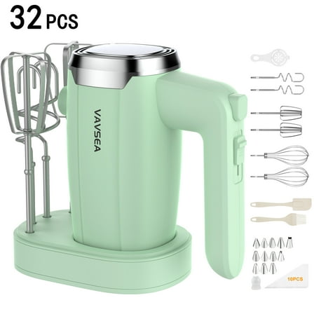 VAVSEA Electric Hand Mixer with 32 Attachments, Includes 2 Whisk, 2 Dough Hooks, 2 Beater, Cake Decorating, 500W Handheld Mixer for kitchen, Baking, Blending, Green