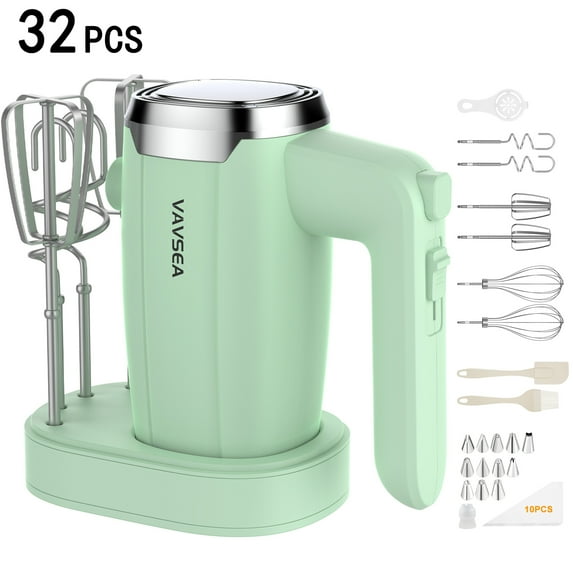 VAVSEA Electric Hand Mixer with 32 Attachments, Includes 2 Whisk, 2 Dough Hooks, 2 Beater, Cake Decorating, 500W Handheld Mixer for kitchen, Baking, Blending, Green