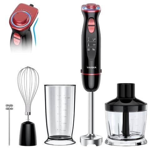 VAVSEA Immersion Blender, 1100W 5-in-1 Hand Blender, 24-Speed Stick Blender for Small Kitchen, Splash-Resistant Handheld Blender Mixer with Turbo Mode for Smoothies, Baby Food, Black