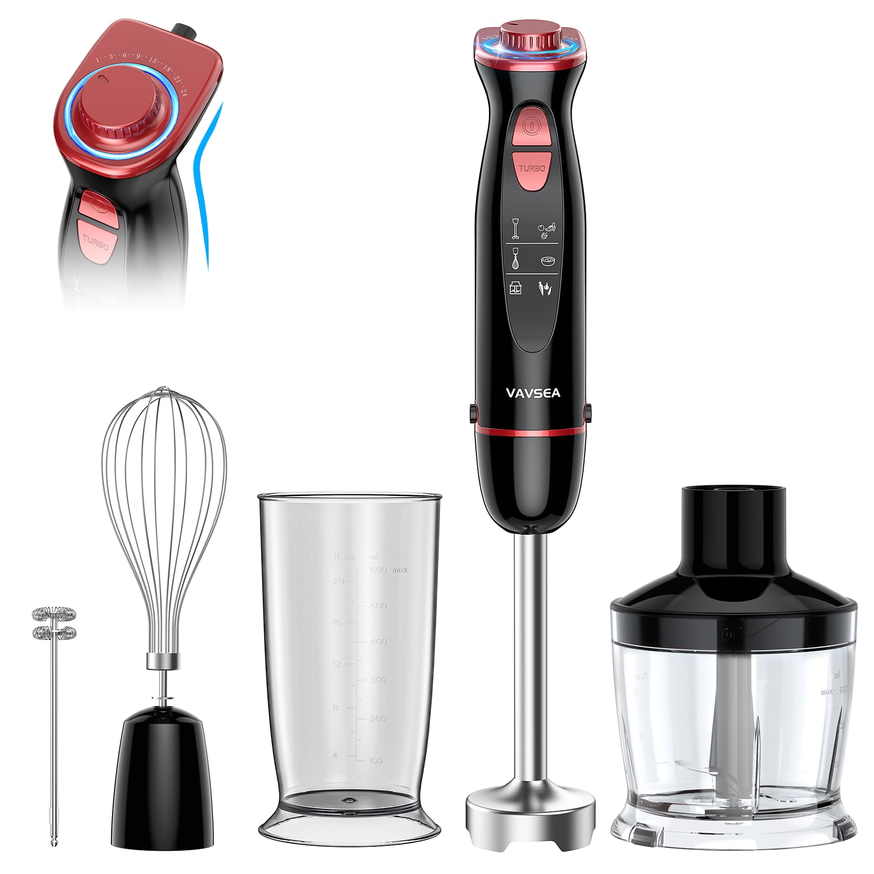VAVSEA Immersion Hand Blender,5-in-1 1100W Multi-Function Handheld Stick Blender with 24-Speed, Stainless Steel Blades, Chopper, Beaker, 600ml, New Mixer Milk Frother for Baby Food/Smoothies/Puree