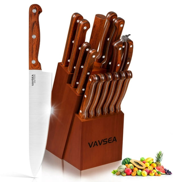 VAVSEA Knife Block Set, 16 Pieces Kitchen Knife Set with Block, Stainless Steel Knife Set for Best Gift, Home