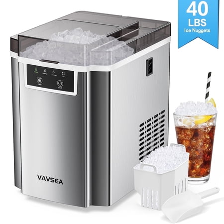 VAVSEA Nugget Ice Maker Countertop, 40Lbs/24H, Chewable Pellet Ice Machine, Soft Chewable Ice in 6 Mins, with Self-Cleaning Function, with Ice Scoop for Home, Kitchen, Office