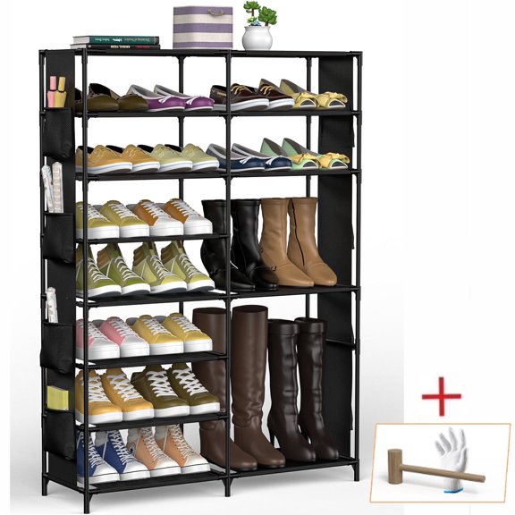 VAVSEA Shoe Rack, 8 Tier Large Metal Shoe Organizer with Side Pockets, Metal Tall Shoe Storage Shelf for 22-26 Pairs, Shoe & Boots Cabinet for Closet Entryway Bedroom, Black