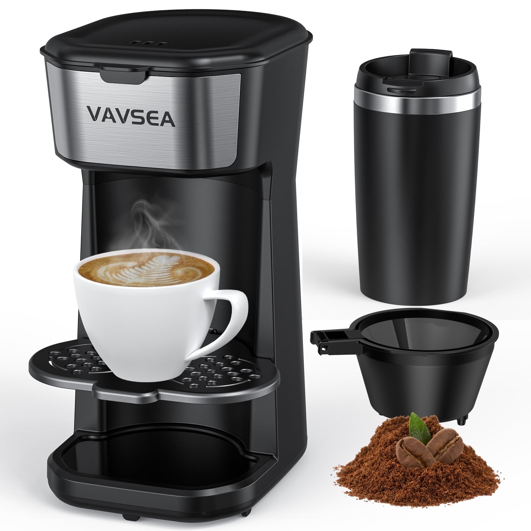 VAVSEA Mini Compact Single Serve Touch Coffee Maker with Thermal Travel Mug Reusable Filter 600W Walmart