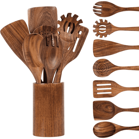 VAVSEA Thick Wooden Spoons for Cooking, 8 Pcs Natural Wooden Utensil for Cooking with Non-Stick, Heat Resistant, Wood Kitchen Utensil Set