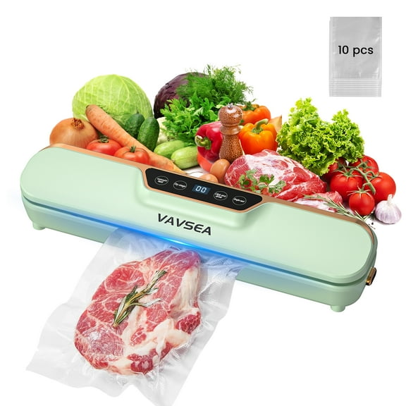 VAVSEA Vacuum Sealer, 62Kpa Food Sealer Machines with 4 Modes, Dry/Draw/Seal/Vac and 10Pcs Bags Starter Kit for Dry & Moist Food Storage Sous Vide for Kitchen, Green
