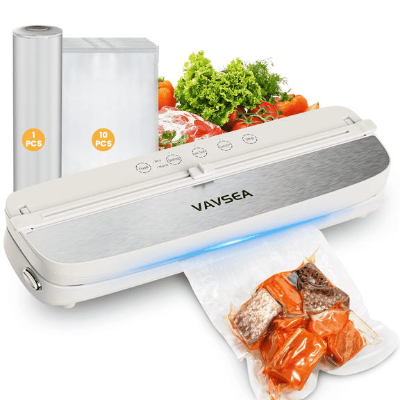 VAVSEA 75Kpa Food Vacuum Sealer Machine with 1 Roll Bag & 10Pcs Bags, Vacuum Sealer with Built-in 2 Cutters and 6 Modes for Sous Vide and Food Storage