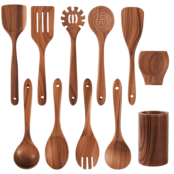 VAVSEA 11 Pcs Wooden Spoons for Cooking, Thickened Natural Wooden Cooking Utensils with Non-Stick, Heat Resistant, Eco-Friendly, Wood Kitchen Utesnils