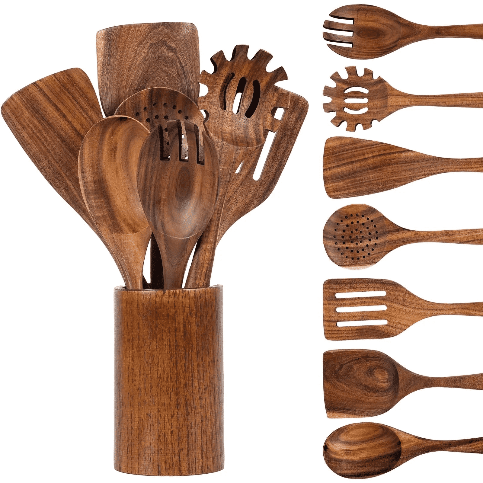 VAVSEA Wooden Spoons for Cooking with Wide Utensil Heads, 8 Pcs Thickened Natural Teak Wood with Non-Stick & Heat Resistant, Wooden Cooking Utensil Set, Wood Spoon Set for Kitchen Essentials