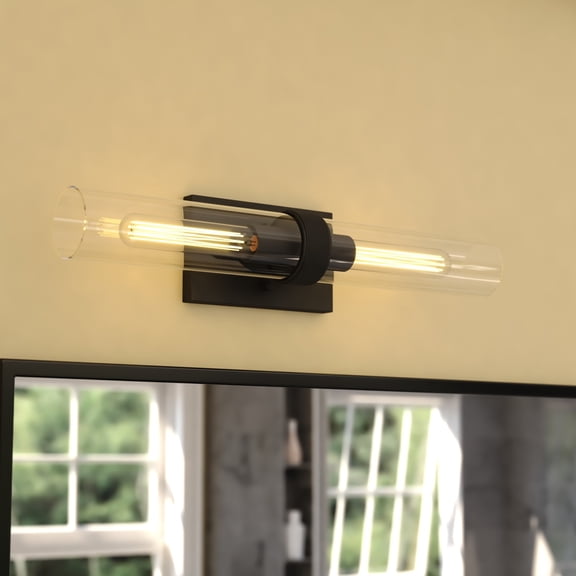 VAXCEL Bari 2-Light Matte Black Wall Sconce, Clear Glass Shade, Dimmable Vanity