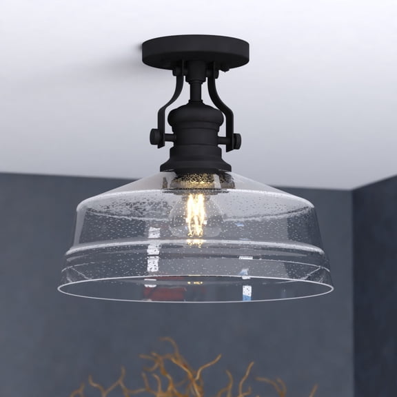 VAXCEL Beloit 1-Light 12 in. Wide Matte Black Farmhouse Dome Semi Flush Mount Lighting Fixture, Clear Seeded Glass Shade, LED Compatible, for Low Ceilings, Bedroom, Hallway, Kitchen