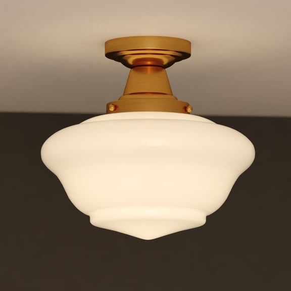VAXCEL Eastgate 1-Light 12 in. Wide Antique Gold Traditional Schoolhouse Semi Flush Mount Lighting Fixture, White Frosted Opal Glass Shade, LED Compatible, for Low Ceilings, Bedroom, Hallway, Kitchen
