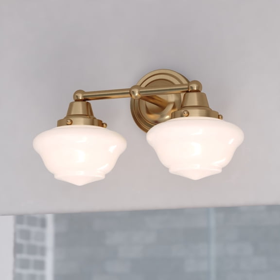 VAXCEL Eastgate 2-Light 15 in. Wide Antique Gold Traditional Bathroom Vanity Lighting Fixture, White Frosted Opal Glass Shade, Dimmable, LED Compatible, Over the Mirror Mounted Steel Wall Sconce