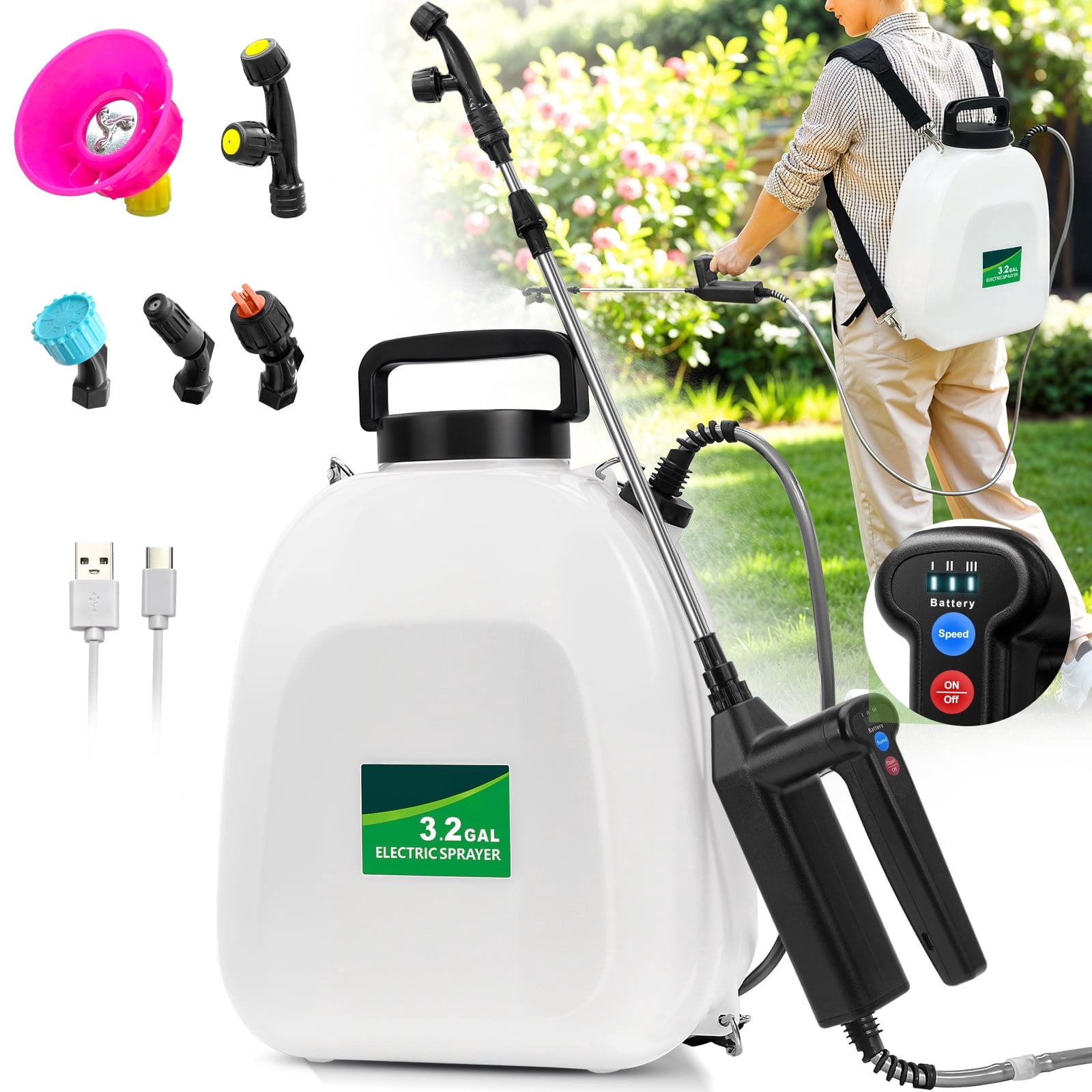 Battery Powered Sprayer 3.2 Gallon, Electric Backpack Garden Sprayer with 4 Nozzles & 32" Telescopic Wand, Rechargeable Weed Sprayer for Lawn, Yard, Plants