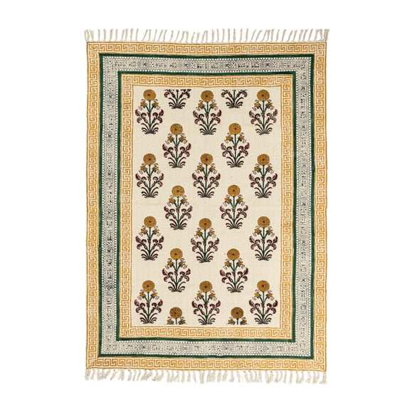 VAYAN Handmade Block Printed Yellow Floral Cotton Rectangle Area Rug with Tassels | Traditional Area Carpet | Floor Mat for Hallway, Living Room, Bedroom, Home & Outdoor (Multicolor, 3 x 5 Feet)