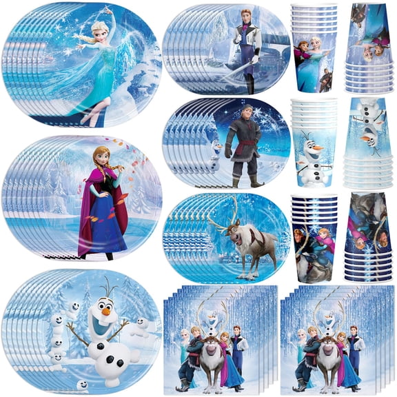 VAYNEIOJOY Frozen Birthday Party Supplies 120pcs Disposable Frozen Paper Plates and Napkins for Party Decorations Cups Tablecloth for Boys Girl Birthday Decor, Serve 30