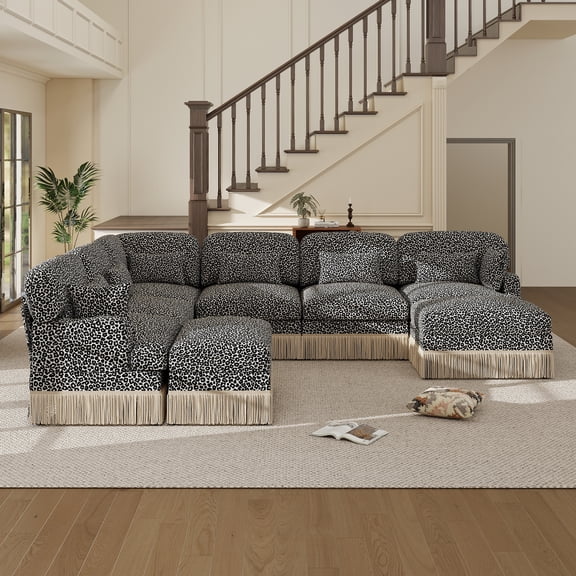 VAZTRLUS Chic Leopard Print Sectional Sofa,Luxurious 8 Seat Oversized Chenille U Shaped Modular Couch with Movable Ottoman, Deep Seat Animal Print Couch with Tassel Trim & Pillows for Living Room