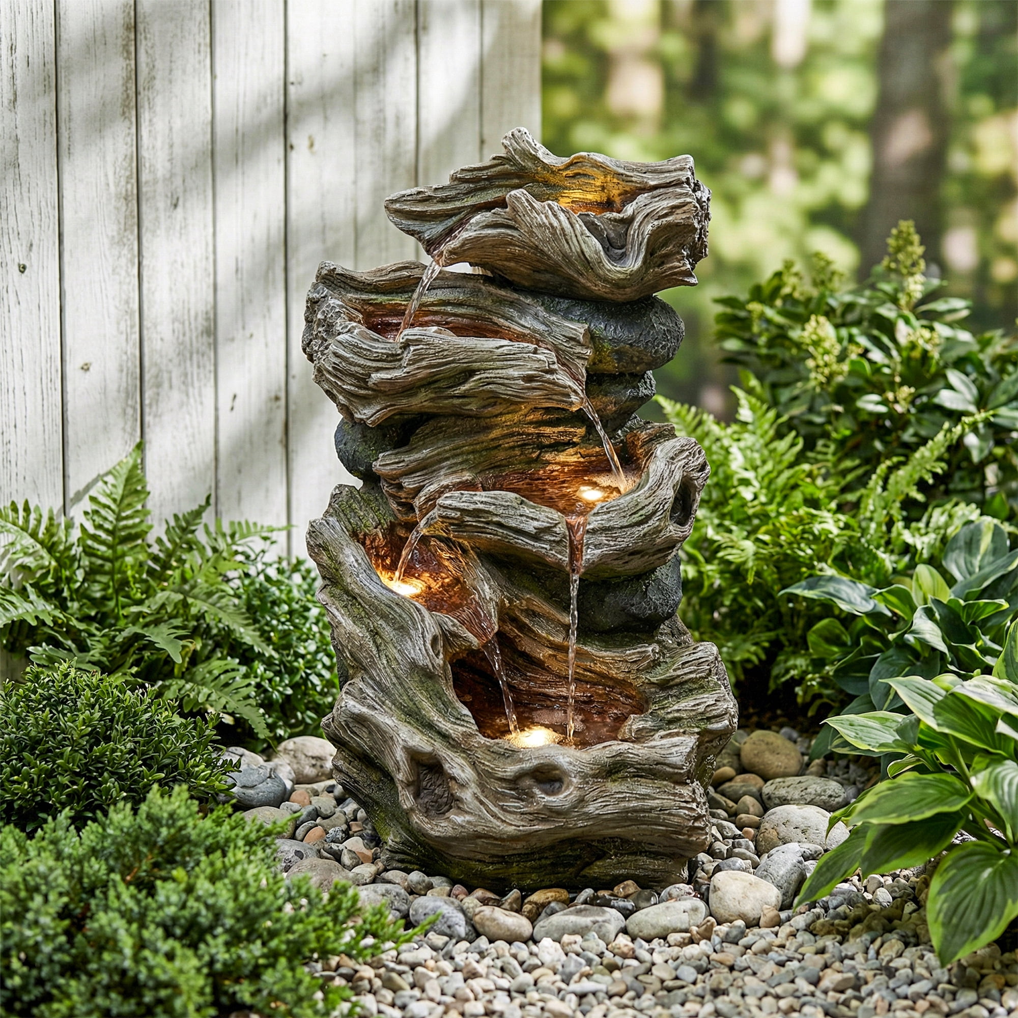 VBAL 30"H Outdoor Freestanding 5-Tier Cascading Rock Resin Water Fountain, Warm LED Light and Pump, Stone Imitation, Outdoor Water Feature for Garden, Patio, Yard, Deck, Porch, Lawn, Gray&White