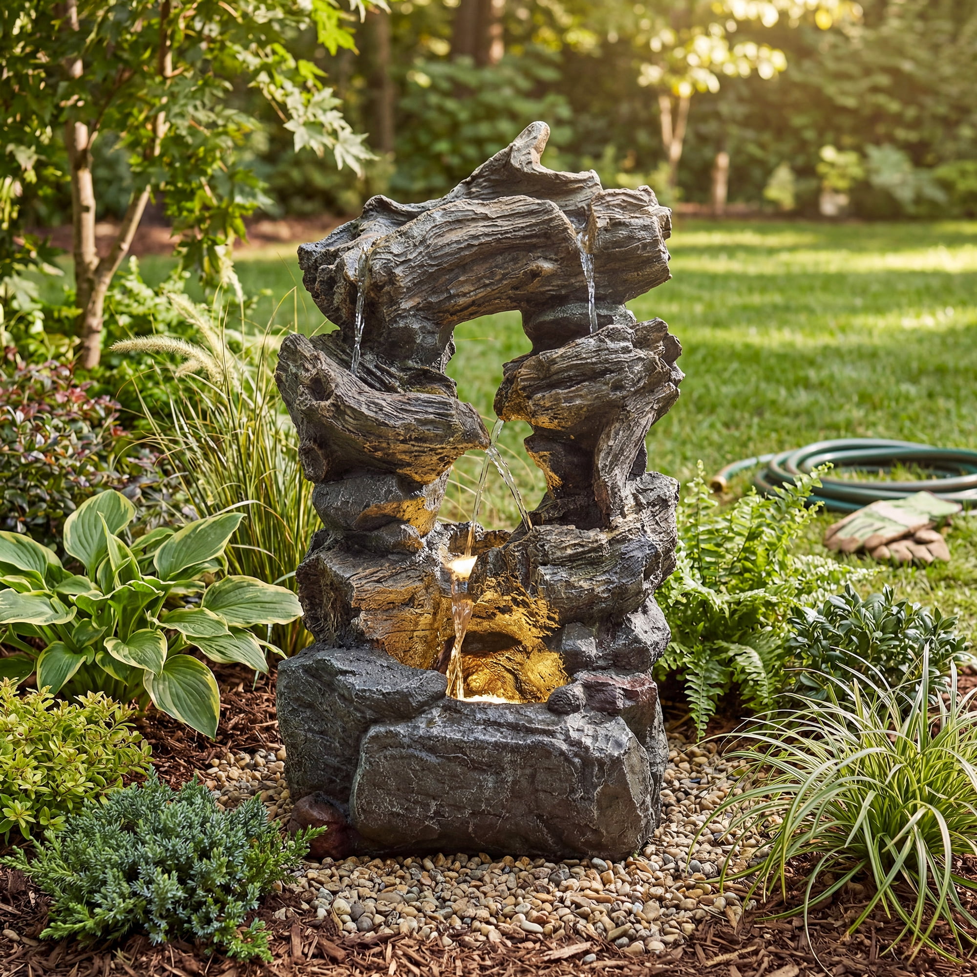 VBAL 32"H Outdoor Freestanding Water Fountain, 5-Tier Cascading Rock Resin with LED Light and Pump, Stone Imitation, Outdoor Water Feature for Garden, Patio, Yard, Deck, Porch, Lawn, Gray