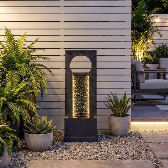 VBAL 40"H Outdoor Contemporary Faux Slate Resin Waterfall Fountain with Warm LED Lights, Home Art Decor for Garden, Patio, Yard, Deck, Porch, Balcony in Gray