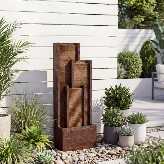 VBAL 40"H Outdoor Modern Curved Faux Slate Resin Waterfall Fountain with Warm LED Lights and Soothing Water Sound, Home Art Decor for Garden, Patio, Yard, Deck, Porch, Balcony in Brown