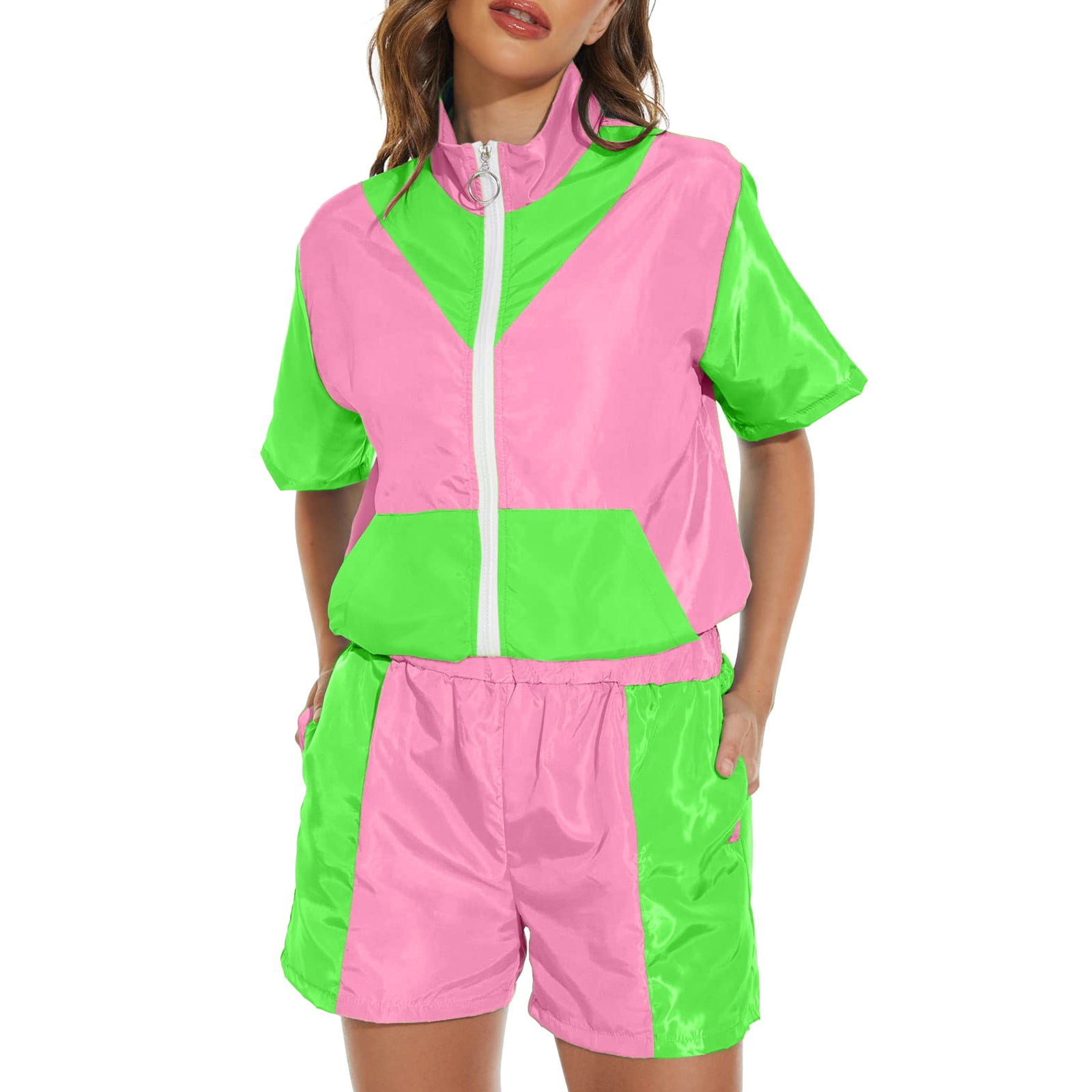 Adult 80s Tracksuit Retro Hop Windbreaker Disco Tracksuit Sets Colorblock Outfits Set Pink M Walmart