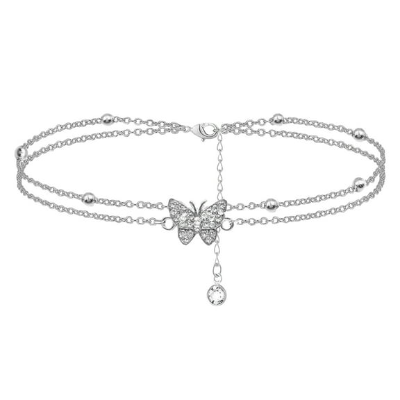 VBARHMQRT Ankle Bracelets for Women Sterling Silver Turquoise Boho Double Anklets Butterfly Pendant Foot Chains Butterfly Charm Beach Bracelet Anklets Beaded Anklet for Women