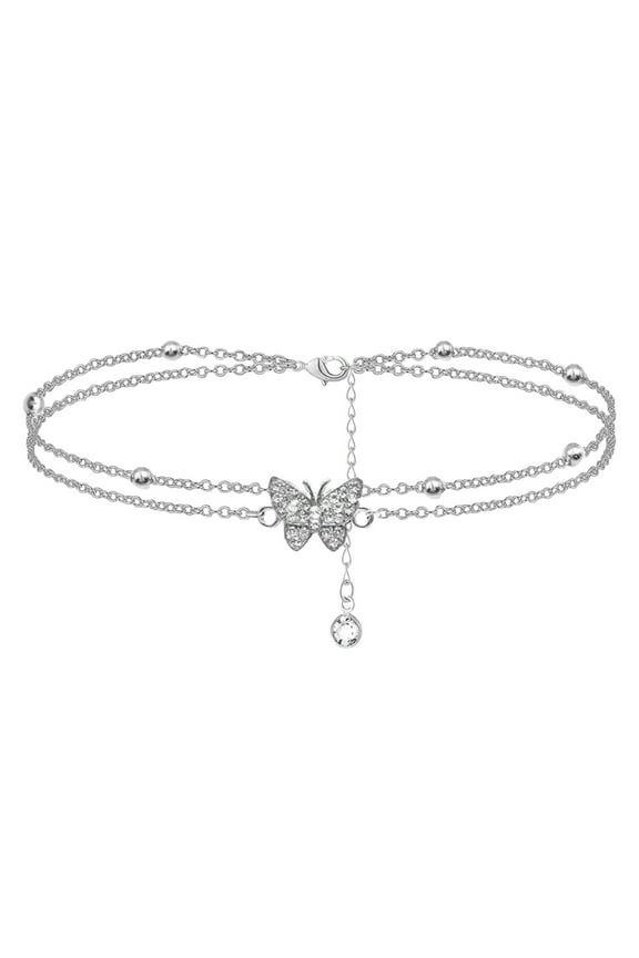 Ankle Bracelets for Women Sterling Silver Turquoise Boho Double Anklets Butterfly Pendant Foot Chains Butterfly Charm Beach Bracelet Anklets Beaded Anklet for Women
