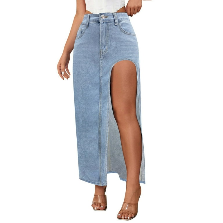 Street Solid Pocket Asymmetrical Loose Denim Skirts Street Solid Pocket Asymmetrical Loose Denim Skirts