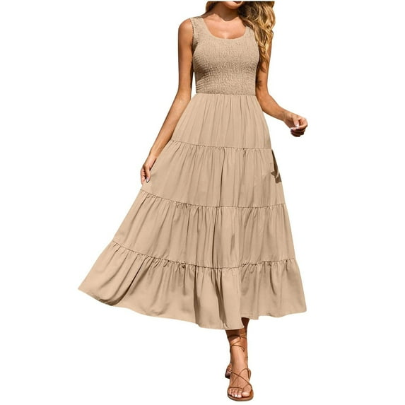 VBARHMQRT Black Dresses for Women Formal Sparkly 2024 Casual Loose Plain Maxi Sundress Smocked Tank Dress Sleeveless Summer Beach Tiered Long Dresses Party Dresses for Women 2024 Plus Size A Line