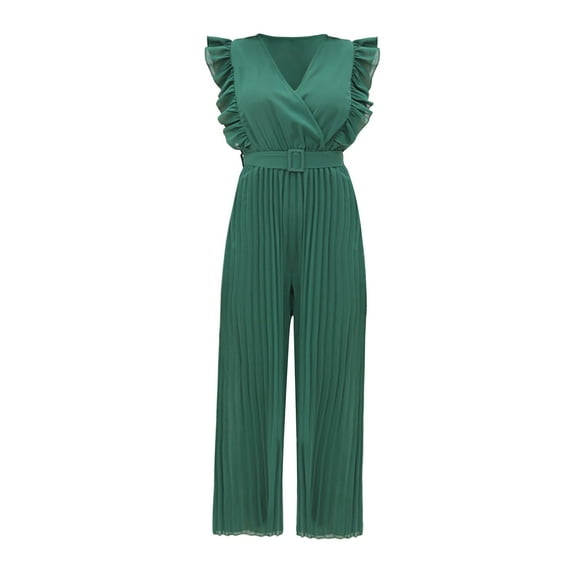 VBARHMQRT Black Jumpsuit for Women Plus Size Long Sleeve Summer Casual V Neck Ruffled High Belt Belt Accordion Pleated Trouser Legs Solid Color Sleeveless Jumpsuit Summer Rompers Plus Size