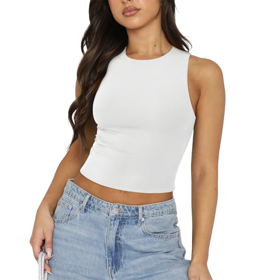 VBARHMQRT Cropped Tank Top with Built in Bra Lace Womens Solid Color Fashionable and Sexy Sleeveless Tight Bottomed Shirt with a Round Neck and a Racerback Top for External Wear