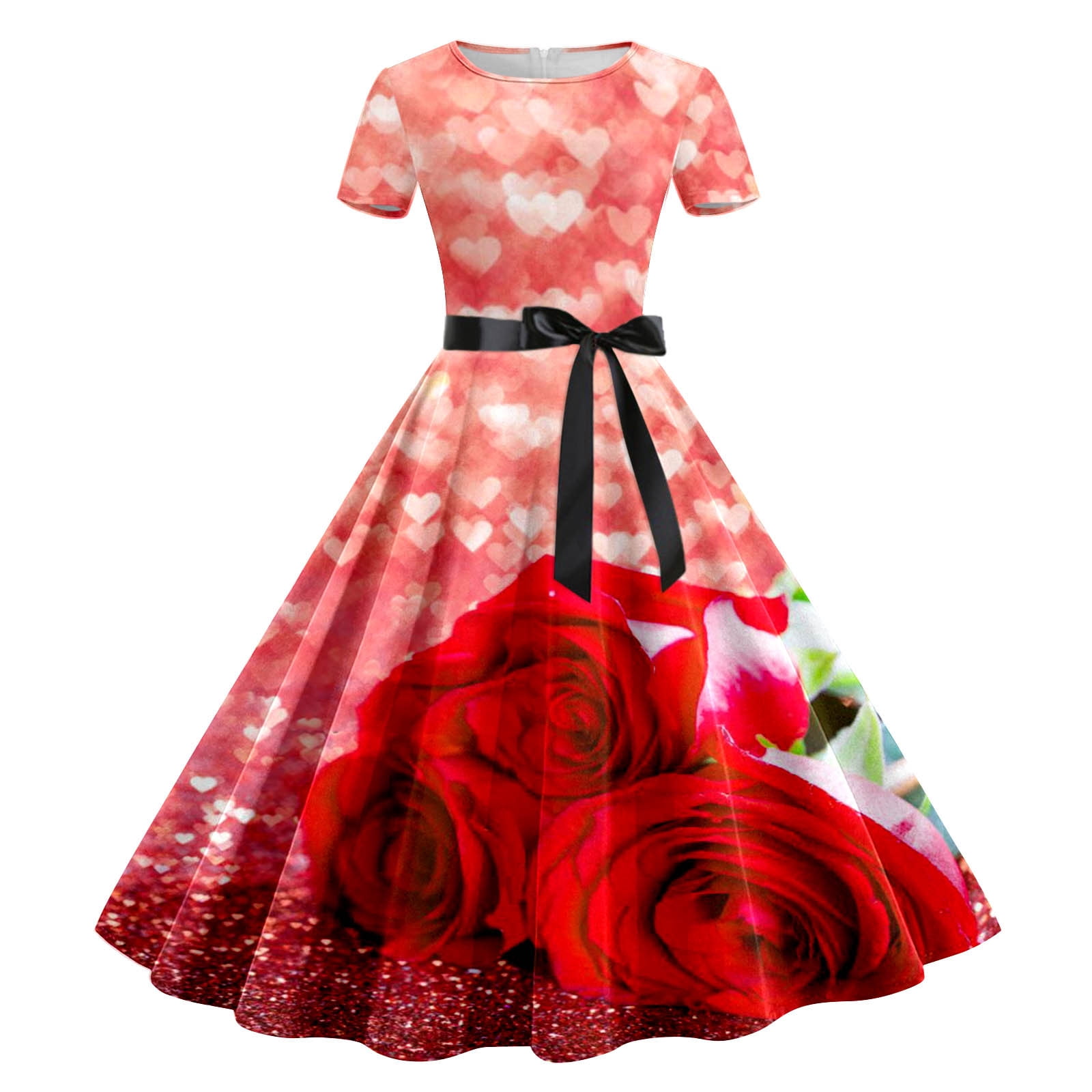VBARHMQRT Feather Dress Women Valentine's Day Print Short Sleeve 1950S ...
