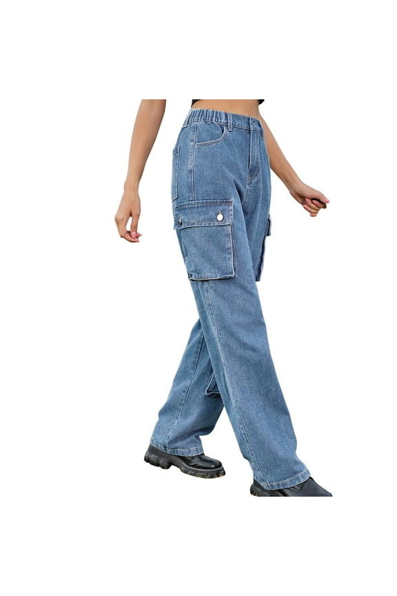 Female Black Jeans Plus Size Women Pull on Denim Wash Multi Pocket Design Cargo Pants Long Casual Pants Women Pink Jeans for Women Black Jeans for Women High Waist Flare