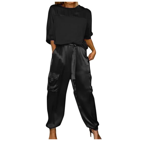 VBARHMQRT Female Black Pants Suit for Women Dressy Casual Women Smooth Satin Half Sleeve Top and Pants Set Women Casual Summer Satin Pajama Set Two Piece Pants Sets Linen Pant Suits for Women Business