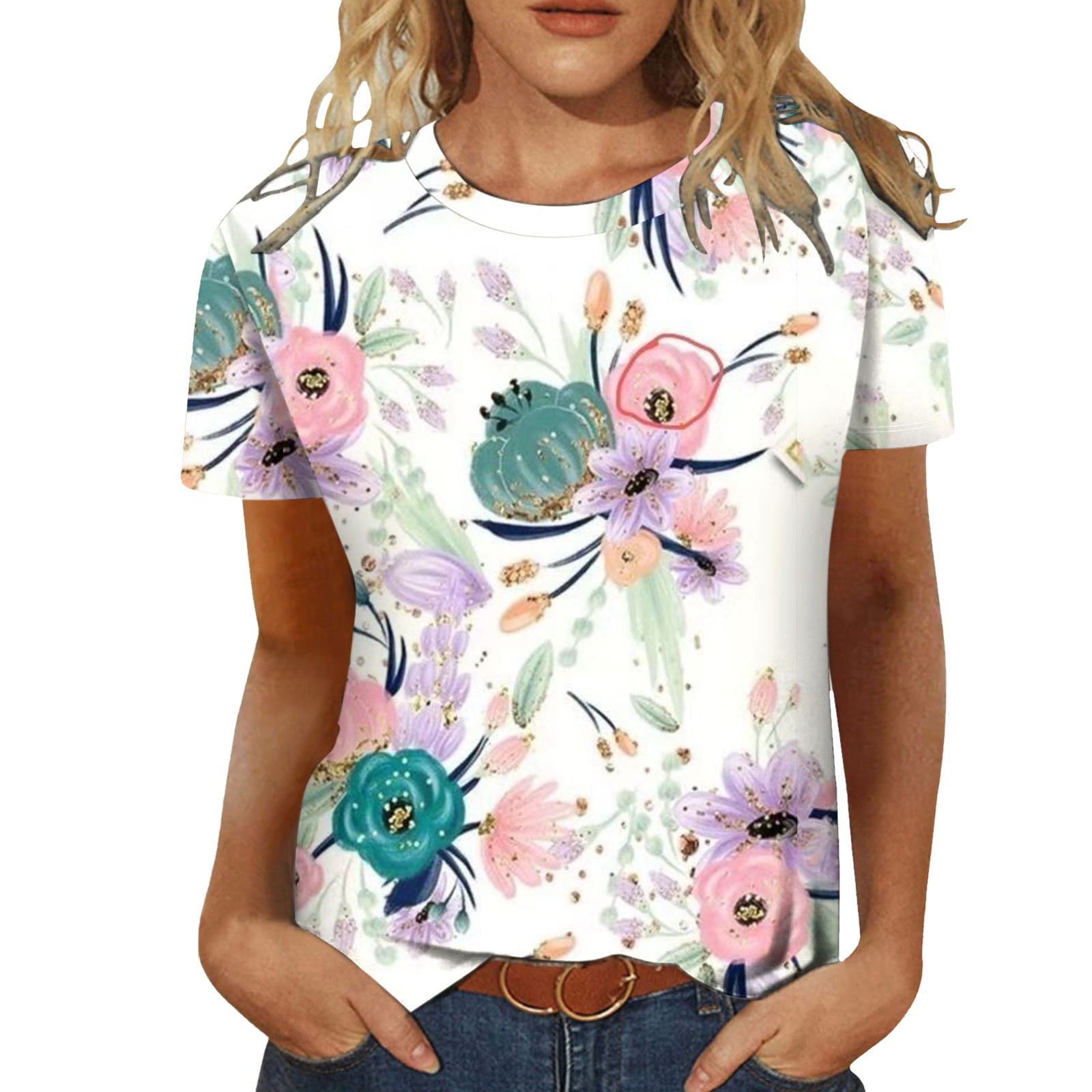 VBARHMQRT Female Casual Work Tops for Women 2024 Floral Short Sleeve Tops Casual Fashion Shirts