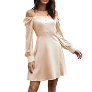 VBARHMQRT Female Corset Prom Dress Ladies Satin Love Collar Solid Color Dress French Long Sleeved Casual Dress with Bubble Sleeves Pinafore Dress for Women Cottagecore Dress