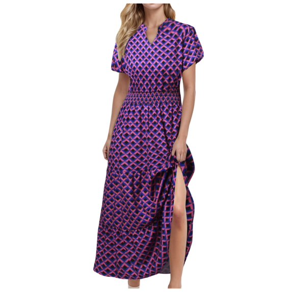 VBARHMQRT Female Hot Pink Dress Women's Button V Neck Bubble Sleeve Irregular Hem Dress Womens Plus Size Dresses Red Midi Dress