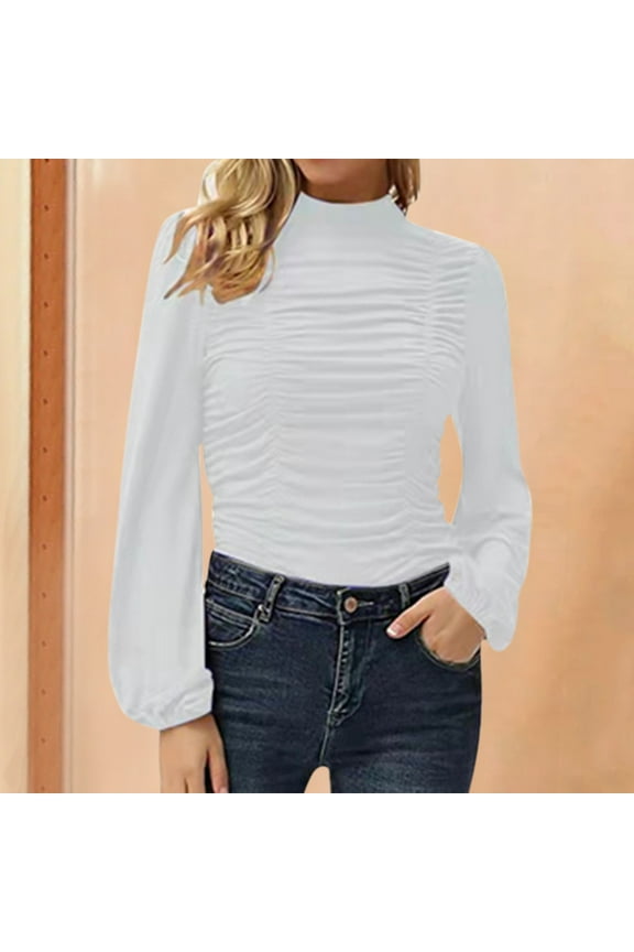 Female Ladies Summer Tops Women's Solid Long Sleeve Turtleneck Ruched Slim Fit T-Shirt Backless Tops Bow Top