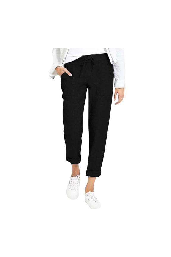 Female Linen Dress Pants Women Pattern Linen Trousers Summer Bottoms with Pockets Trousers Drawstring Long Pant High Waisted Linen Pants Women Petite Wide Leg Linen Pants for Women Tall