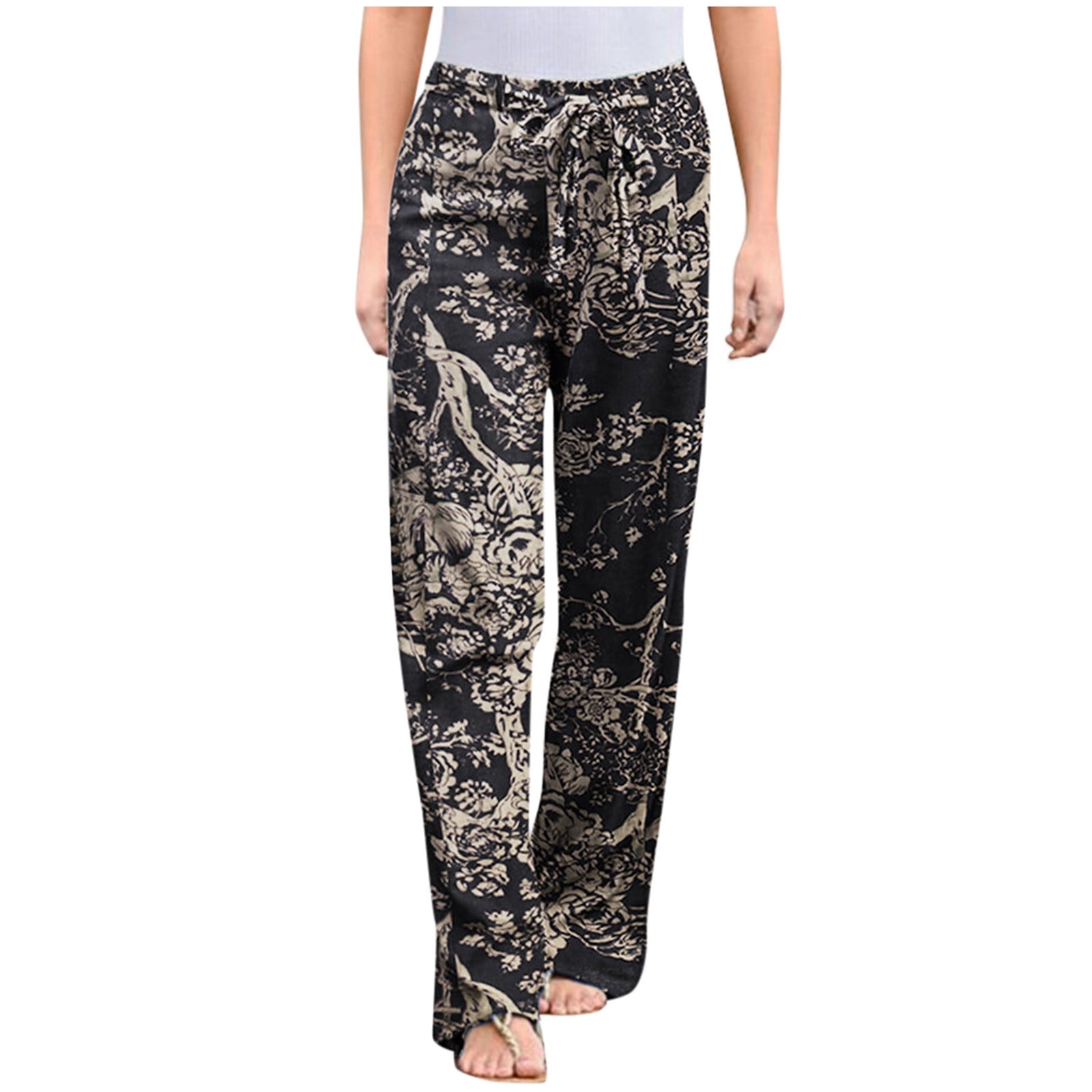 VBARHMQRT Female Linen Fabric Pants Tightness Women Print Cotton Floral