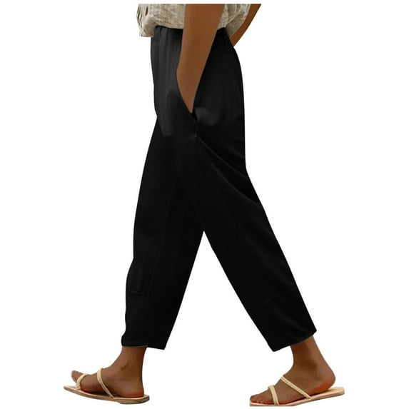 VBARHMQRT Female Linen Joggers for Women Petite Womens Daily Elastic Waist Workout Trousers Solid Long Pants Loose Casual Trousers Linen Pants Women Summer Straight Leg Linen Dress Pants Women