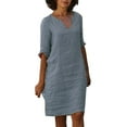 thumbnail image 1 of VBARHMQRT Female Linen Midi Dress with Sleeves and Pockets Cotton and Linen Short Sleeve Holiday Semi Casual V Neck Mini Dress Solid Color Dress Linen Maxi Dress Plus Size White Linen Dress Womens, 1 of 8